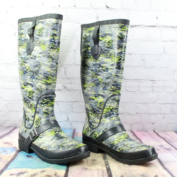 LL Bean Mariner Blue Camouflage Knee High Wellie Rain Boots Size 7 M - Picture 3 of 9